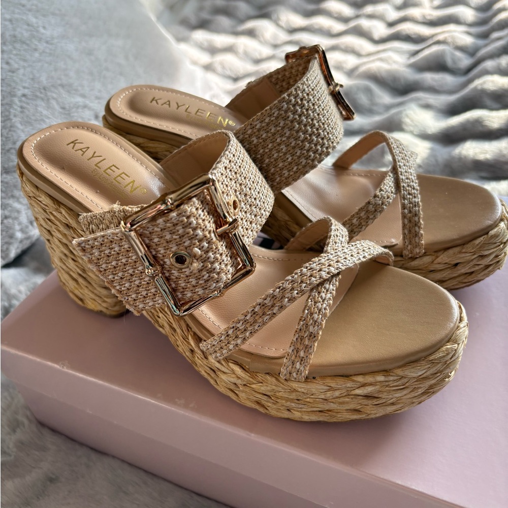 KAYLEEN By Los Angeles Beige Woven Wedges
